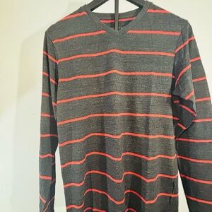 Charcoal and Red Striped V-Neck Long Sleeve Shirt